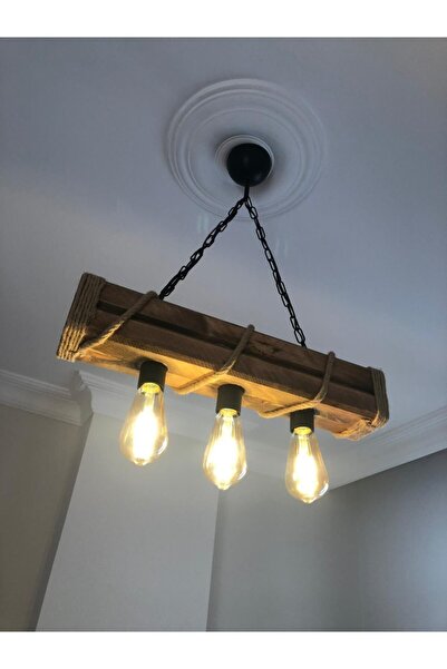 Genel Markalar Kahverengi ahşap kütük detaylı üçlü avize şık ve doğal aydınlatma seçeneği