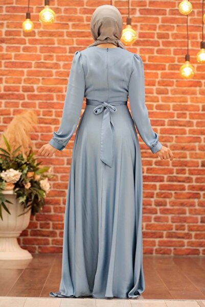 Neva Style Βραδινό φόρεμα με χιτζάμπ - Σατέν Μπλε Βραδινό φόρεμα με χιτζάμπ 1420μ