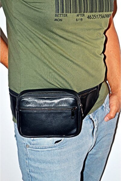 Veskemann Unisex Μαύρη δερμάτινη τσάντα ώμου μέσης