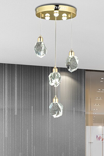 burenze A+ Luxury Modern Kristalize Cam Sarkıt Dörtlü Power  Gold Sarı Gün Işığı Led Avize