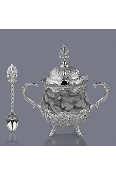 WuuQ وعاء سكر بورسلين رمادي مع غطاء، وعاء توابل - فضي