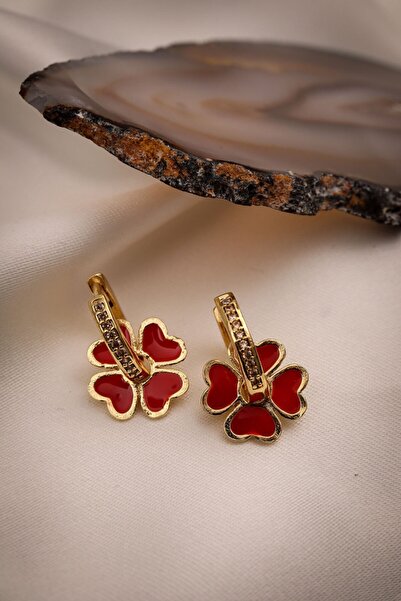Batı Accessories Kırmızı Mineli Çiçek Charmlı Gold Halka Küpe