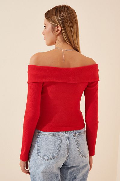 Happiness İstanbul Women's Red Carmen Collar Corded Knitted Blouse PG00031