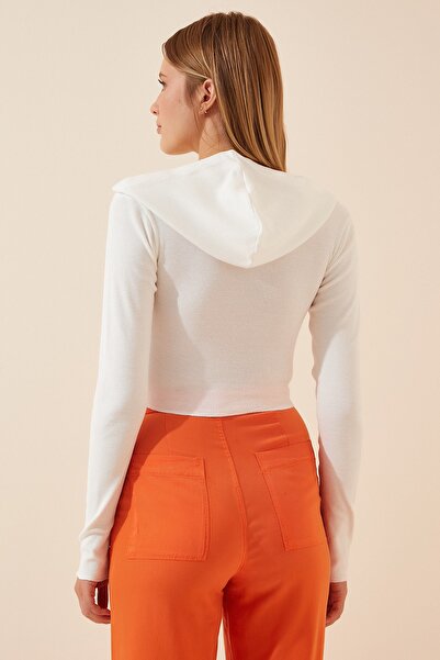 Happiness İstanbul Hanorac alb cu glugă și fermoar pentru femei YK00011