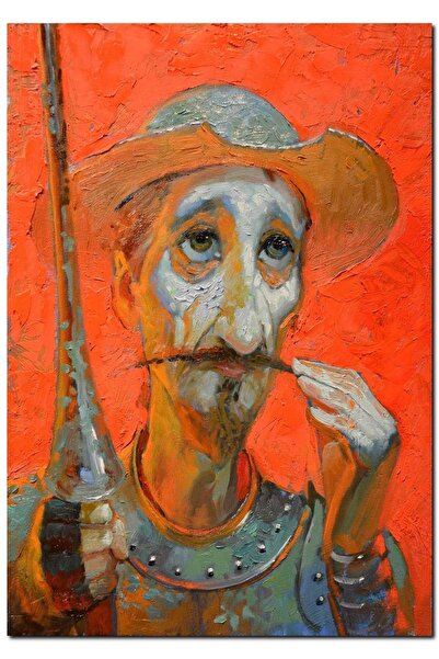 Cakatablo Ahşap Tablo Düşünceli Don Kişot Kırmızı Arkaplan (50x70 Cm Boyut)