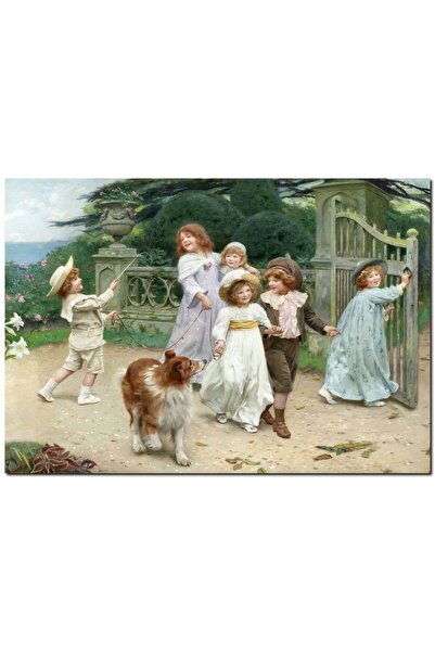 Cakatablo Ξύλινη ζωγραφιά με παιδιά και σκύλους μπροστά στην πύλη του κήπου (...