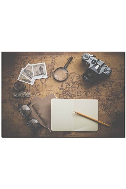 Cakatablo Wooden Painting Travel Items and World Map (35X50 cm Size)