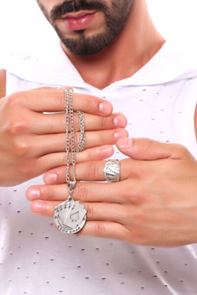 LABALABA Erkek Antik Gümüş Kaplama Ayarlanabilir Iskambil Destesi Yüzük & Kolye Seti