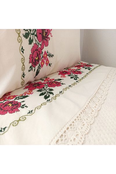 Yavuz Tekstil Cross Stitch Embroidered Single Pique Set Red 100% Cotton