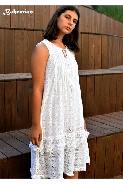 Bohemian Eteği Pileli Dantel Elbise