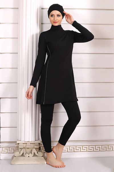 Aykum Mayo Flexible Lycra Black Hijab Swimsuit - Intermediate Piping, Full Fit