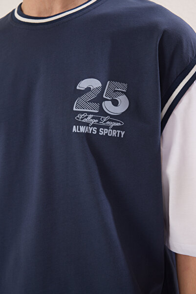 Trendyol Collection Indigo Printed - Thick Cotton Oversize T-Shirt with Sleeve Detail Tmnss25Ts00017