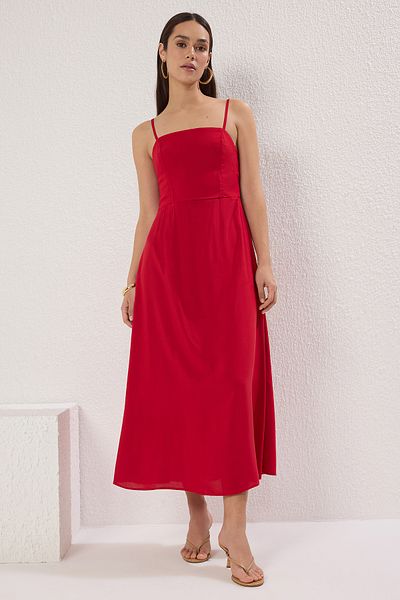 Trendyol Collection Rotes, gerades, gerades Gips-Maxi-Webkleid TWOSS25EL00626