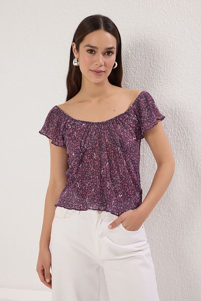 Trendyol Collection Μωβ φλοράλ εμπριμέ Crop Carmen γιακά μανίκι πλεκτή μπλούζα TWOSS25BZ00116