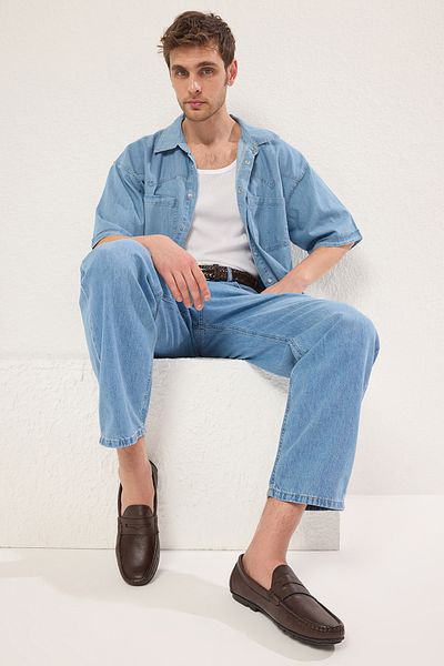 TRENDYOL SHOES Hnedé pánske mokasínové topánky z pravej kože so štvorcovou špičkou TAKSS25LA00012