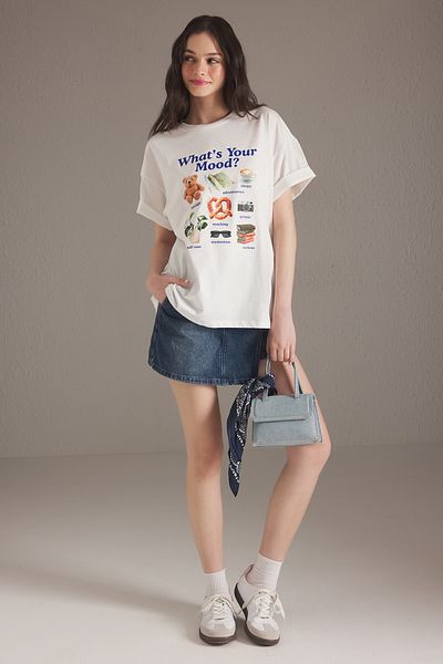 Trendyol Collection Ecru Knitted T-Shirt - 100% Cotton, Wide Fit, Printed - Twoss25Ts00166