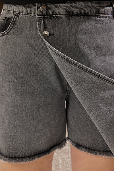 Trendyol Curve Gray High Waist Skirt Tip Tassel Shorts Skirt Tbbss23Ap00008