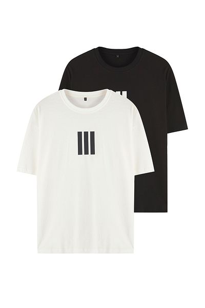 Trendyol Collection Ecru-schwarzes Oversize-T-Shirt aus 100 % Baumwolle mit 2-in-Line-Print