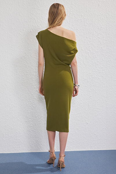 Trendyol Collection Oil Green Midi Knitted Dress with Draped Detail