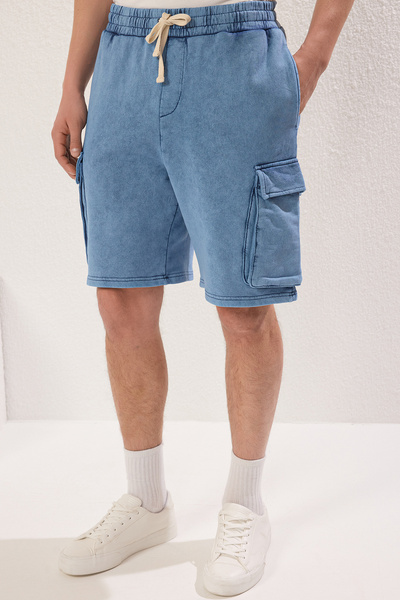 Trendyol Collection Indigo Cargo Kapesní šortky a bermudy - Distressed/Fad Effect TMNSS24SR00014