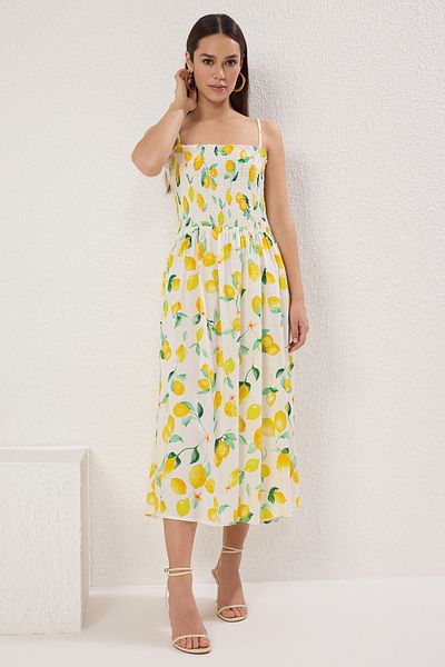 Trendyol Collection Gelber tropischer Midirock – gewebtes Kleid mit Gipsverschluss an der Taille
