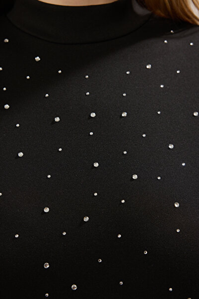 Trendyol Curve Black Stone Detailed Mini Knitted Stretchy Plus Size Dress Tbbss25Ah00200