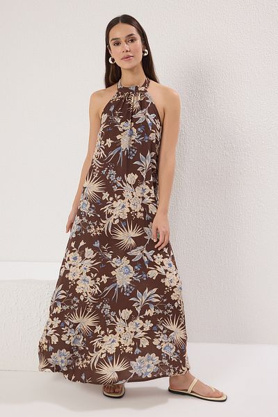 Trendyol Collection Кафява макси тъкана рокля с права кройка на цветя TWOSS25EL00583