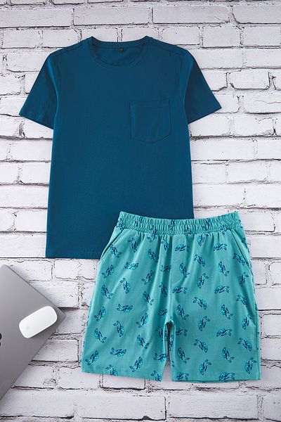 Trendyol Collection Σετ πιτζάμες Petrol Slim Fit με σχέδιο χελώνας με πλεκτό σορτς TMNSS25PT00012