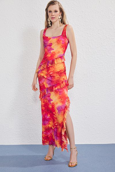 Trendyol Collection Multicolored Ruffle Lined Maxi Evening Dress Night Graduation Dress