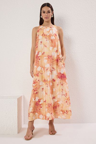 Trendyol Collection Orange Tropical Straight Cut Maxi Woven Dress Twoss25El00208