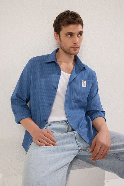 Trendyol Collection Indigo Striped Men's Regular Shirt Tmnss25Go00031
