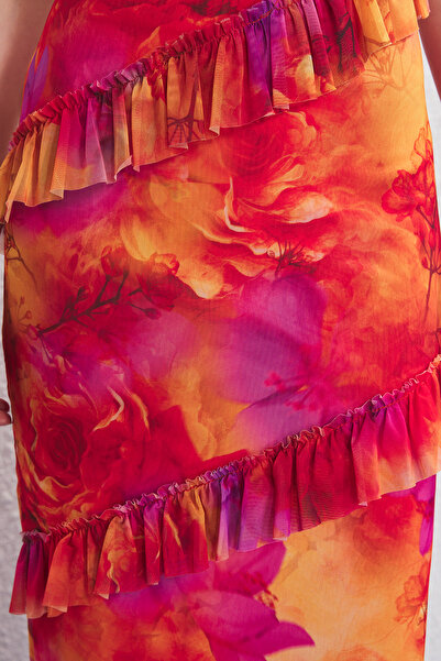 Trendyol Collection Βραδινό φόρεμα μάξι με πολύχρωμη φόδρα με βολάν