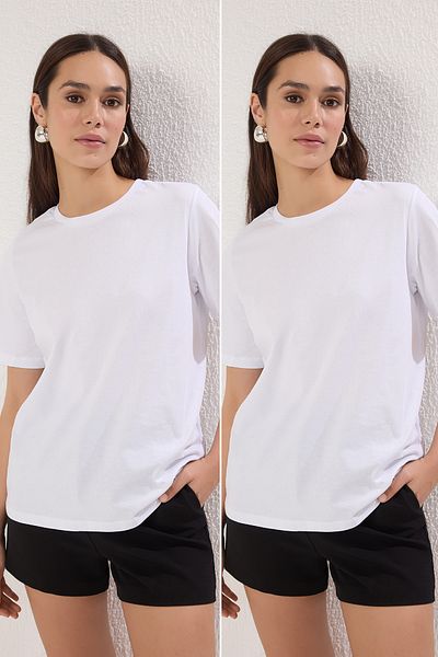 Trendyol Collection Λευκό 100% βαμβακερό λαιμόκοψη 2 πλεκτό μπλουζάκι Twooss20ts0141