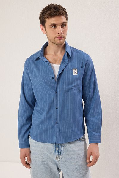 Trendyol Collection Indigo Striped Men's Regular Shirt Tmnss25Go00031