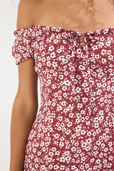 Trendyol Collection Stretchy Ribbed Mini Knitted Dress - Burgundy Floral Carmen Collar with Skater/Down-To-Waist - Twoss25El00472