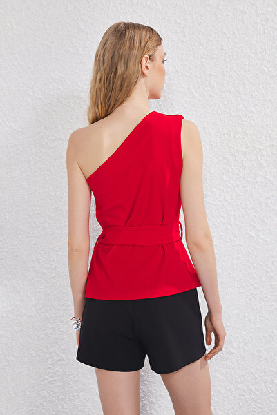 Trendyol Collection Red Belted Asymmetric Neckline Detailed Crepe Stretch Knitted Blouse Twoss25Bz00506