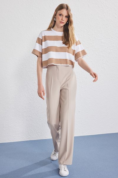 Trendyol Collection Beige Back Elastic Waist Straight Cut Woven Pants Twooss25Pl00102
