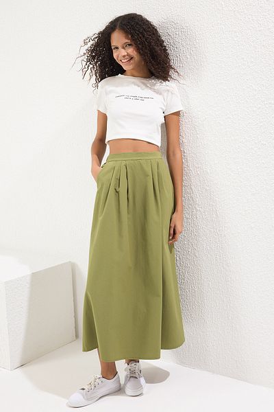 Trendyol Collection Khaki redős részletes maxi hosszúságú szőtt szoknya TWOSS25ET00158