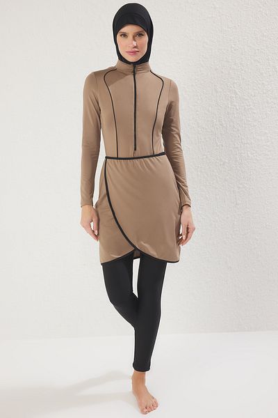 Trendyol Modest Λεπτομέρεια φερμουάρ Mink Surfer Μαύρο μαγιό με πλήρη κάλυψη TCTSS25CF00000