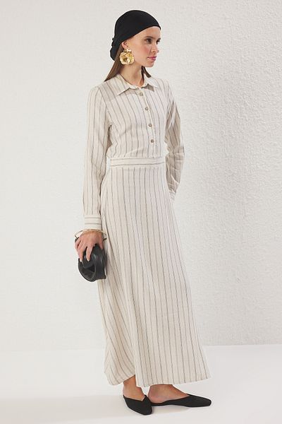 Trendyol Modest Μπεζ ριγέ λινό φόρεμα πουκάμισο TCTSS25EB00121