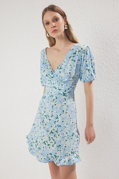 Trendyol Collection Rochie albastră florală mini țesută în linie A TWOSS25EL00655