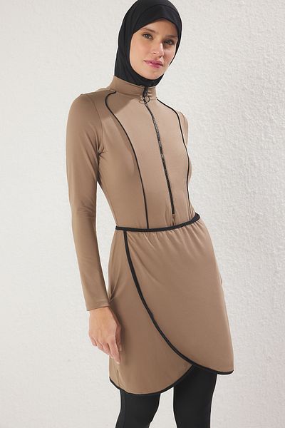 Trendyol Modest Λεπτομέρεια φερμουάρ Mink Surfer Μαύρο μαγιό με πλήρη κάλυψη TCTSS25CF00000