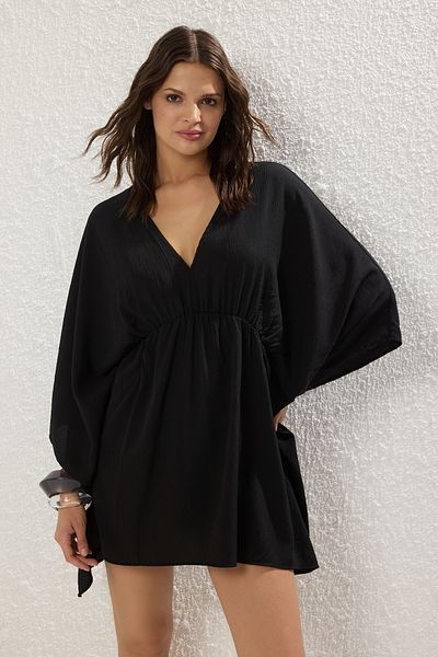 Trendyol Collection Μαύρο Oversize Midi υφαντό 100% βαμβακερό φόρεμα παραλίας TBESS25EL00127