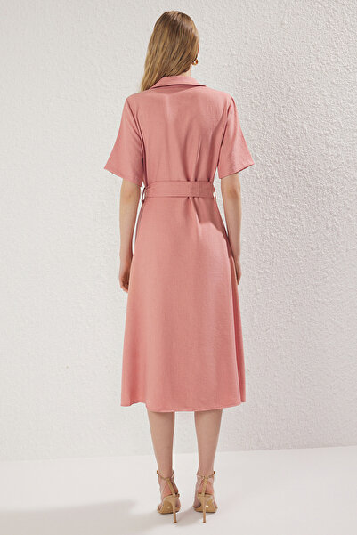 Trendyol Collection Dusty Rose Belted Straight Midi Woven Dress Twoss25El00285