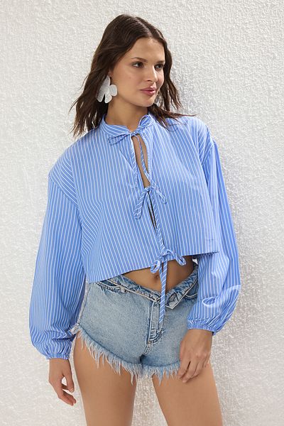 Trendyol Collection Fehér-kék csíkos szőtt strand ing fűzővel TBESS25GO00023