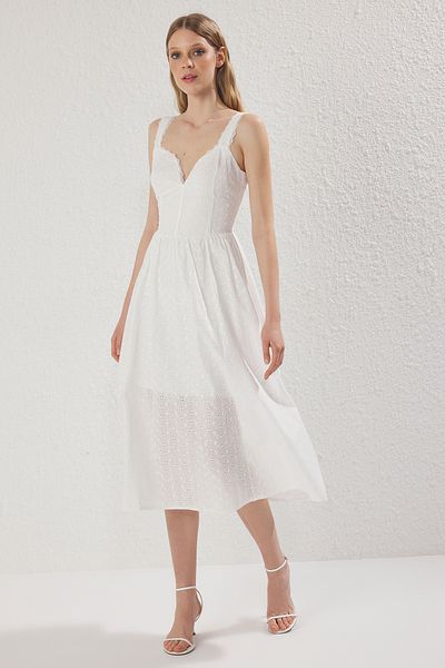 Trendyol Collection Λευκό ίσιο φόρεμα μίντι υφαντό TWOSS25EL00775
