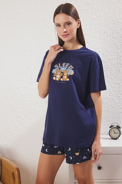Trendyol Collection Navy Blue 100% Cotton Galaxy Pattern Sleep Banded Shorts Knitted Pajamas Set Thmss25Pt00360