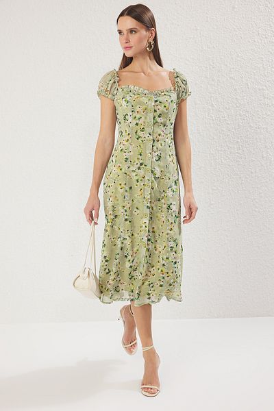Trendyol Collection Ανοιχτό πράσινο φλοράλ φόδρα σιφόν Flight Flight υφαντό μίντι πουκάμισο φόρεμα TWOSS25EL00563
