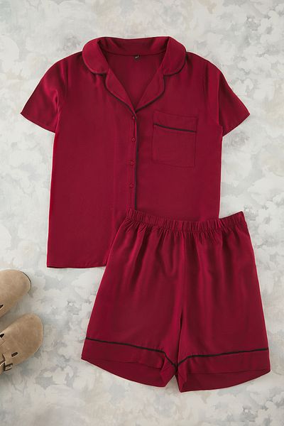 Trendyol Curve Burgundy Piping Detailed Viscose Woven Pajamas Set Tbbss25Ai00016