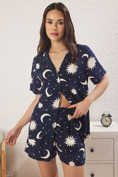 Trendyol Collection Navy Blue Galaxy Patterned Woven Pajamas Set with Viscose Shorts Thmss25Pt00411